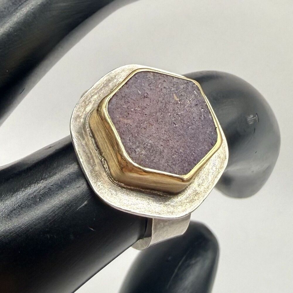 Vintage Signed JLW 925 Silver Modernist Studio Artisan Hexagon Ring Rough Ruby 7
